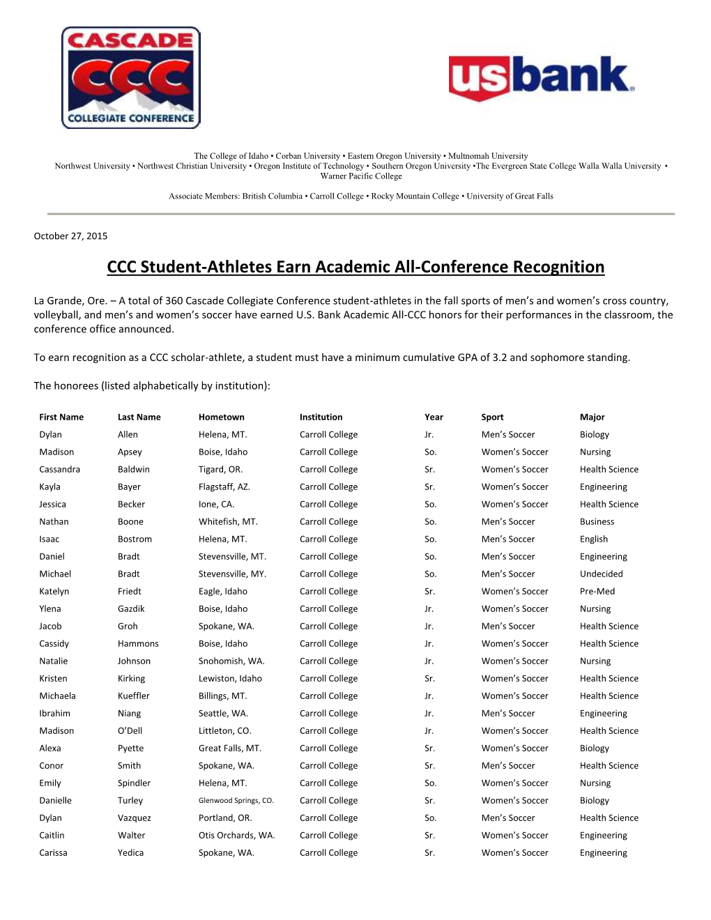 CCC Student-Athletes Earn Academic All-Conference Recognition