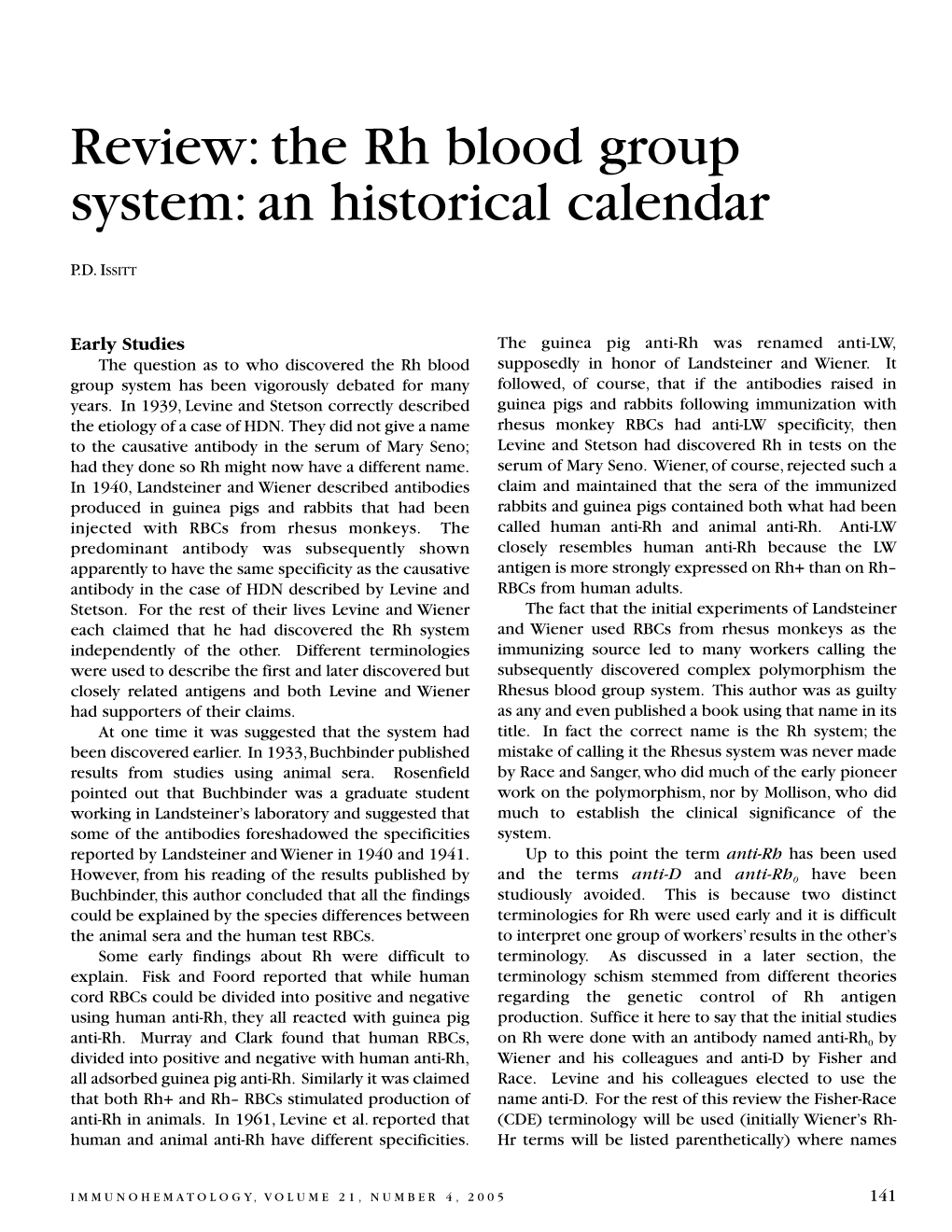 The Rh Blood Group System: an Historical Calendar