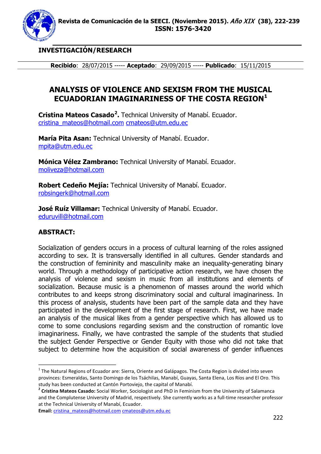 Analysis of Violence and Sexism from the Musical Ecuadorian Imaginariness of the Costa Region1