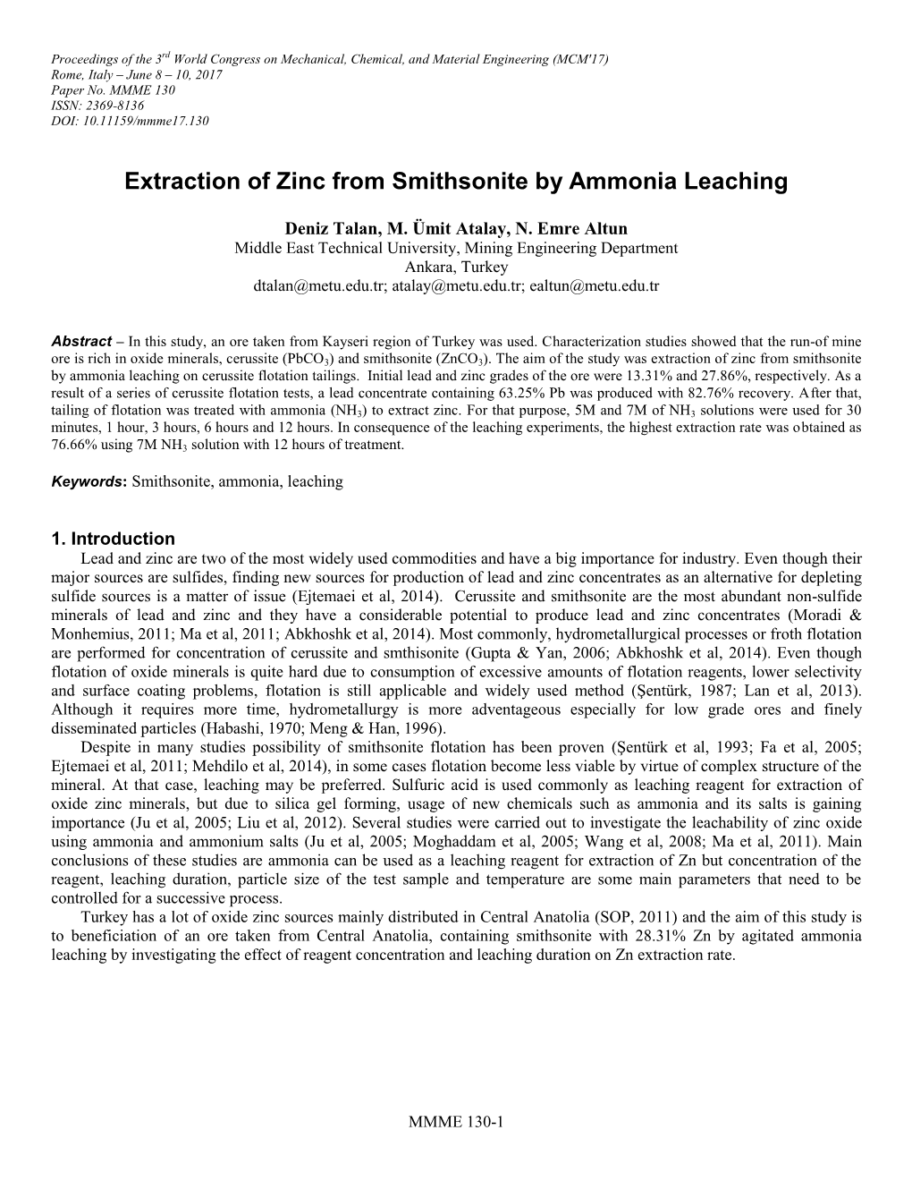Extraction of Zinc from Smithsonite by Ammonia Leaching