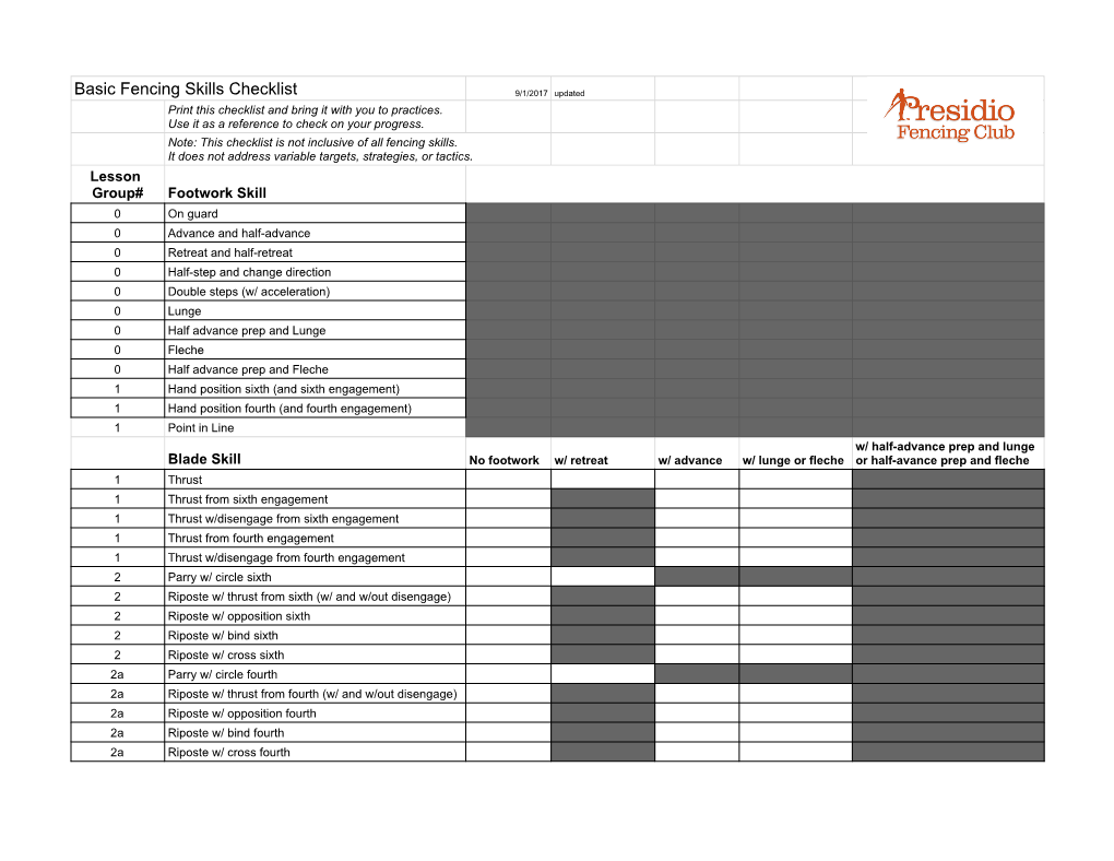 Presidio Fencing Skills Checklist