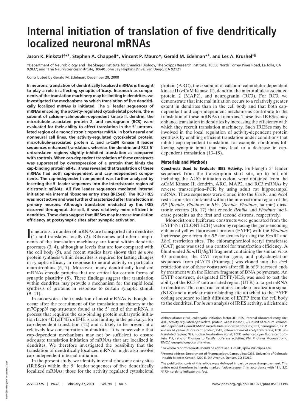 Internal Initiation of Translation of Five Dendritically Localized Neuronal Mrnas