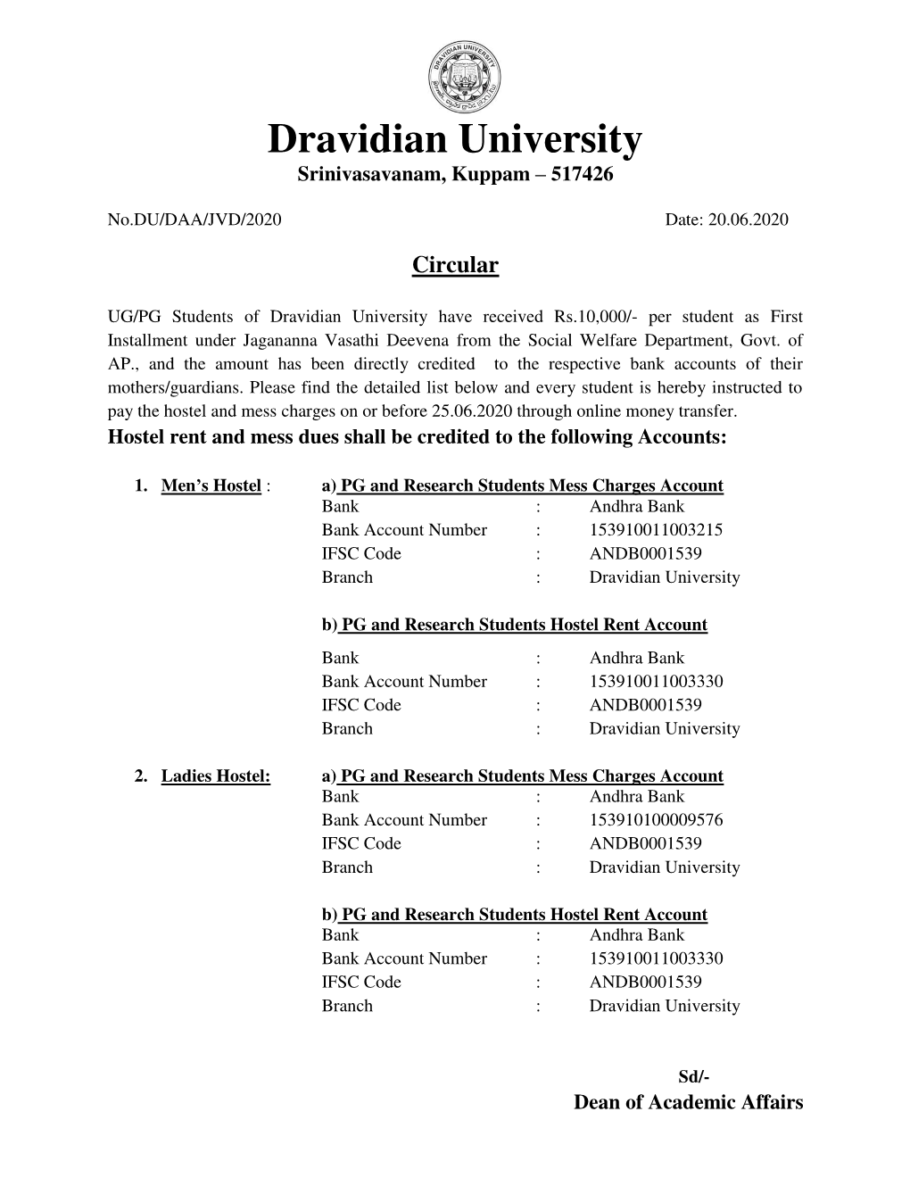 Dravidian University Srinivasavanam, Kuppam – 517426