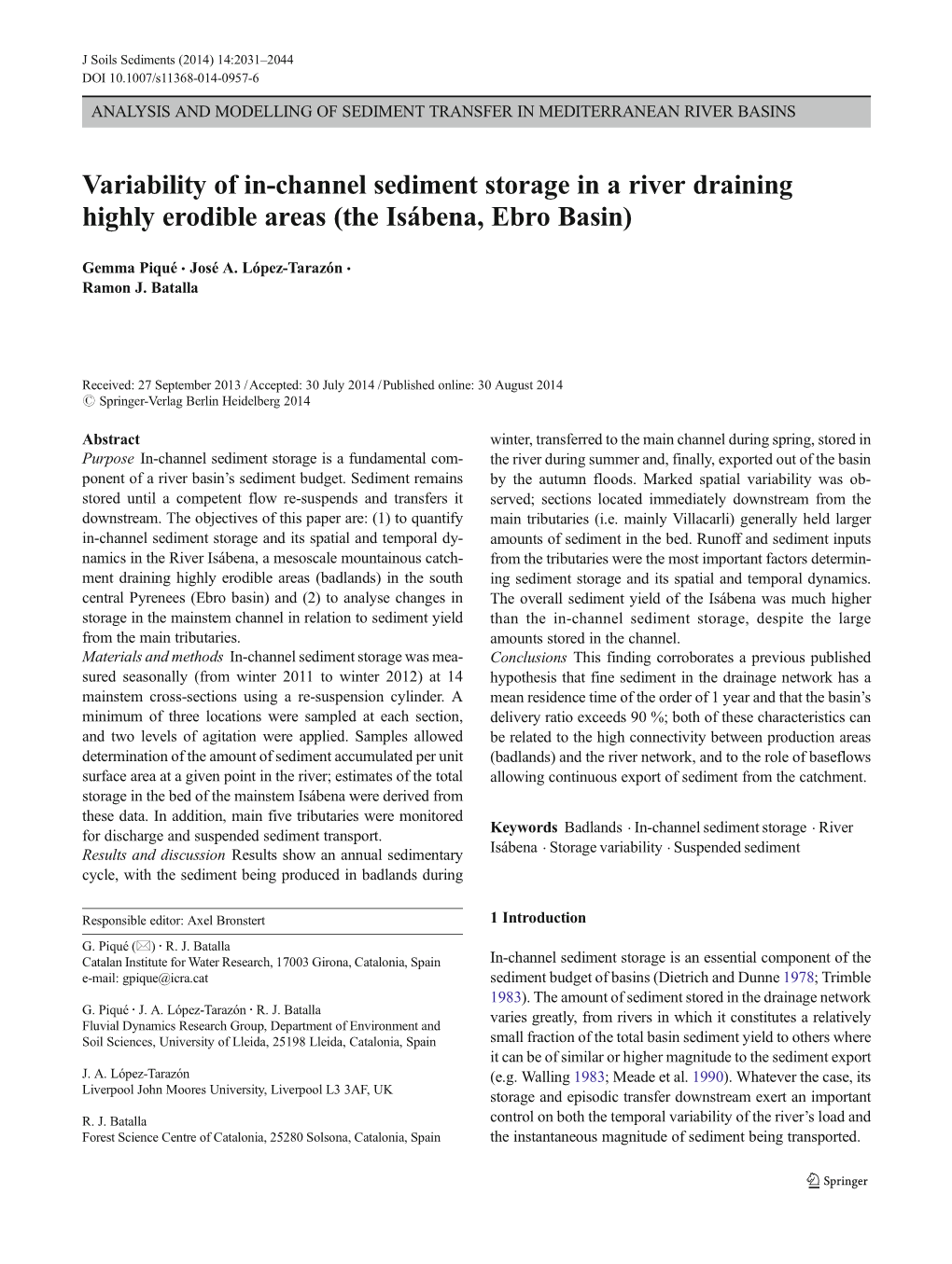 Variability of In-Channel Sediment Storage in a River Draining Highly Erodible Areas (The Isábena, Ebro Basin)