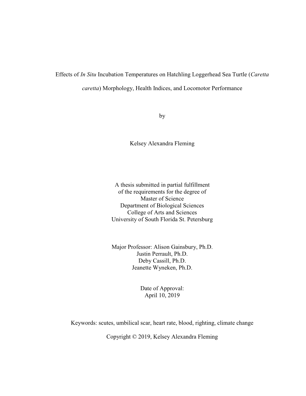 Effects of in Situ Incubation Temperatures on Hatchling Loggerhead Sea Turtle (Caretta