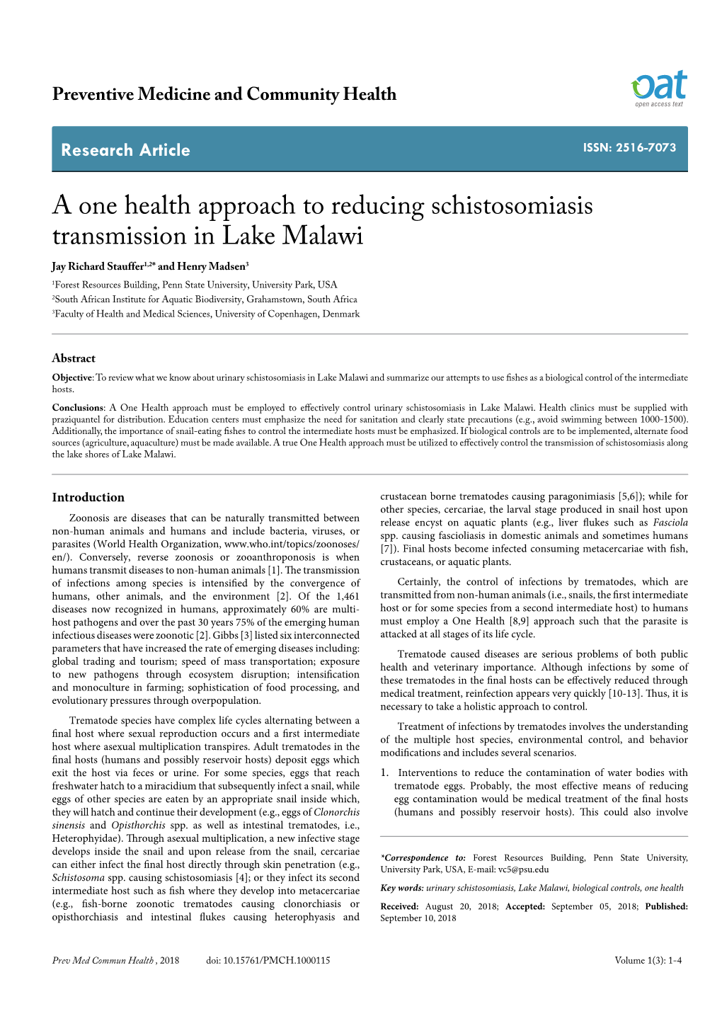 A One Health Approach to Reducing Schistosomiasis Transmission in Lake Malawi