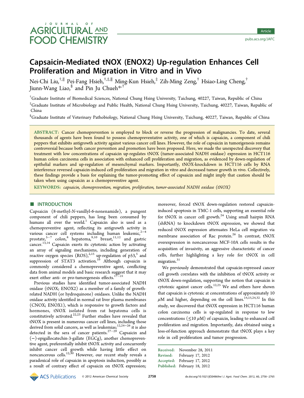 Capsaicin-Mediated Tnox (ENOX2) Up-Regulation Enhances Cell Proliferation and Migration in Vitro and in Vivo