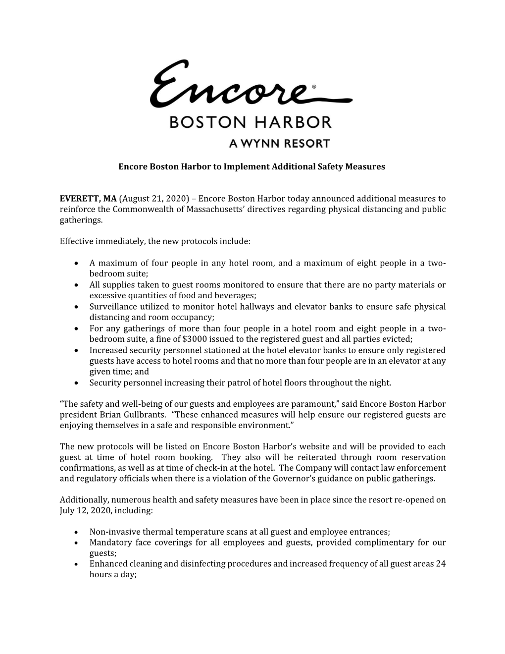Encore Boston Harbor Implements Additional Safety Measures