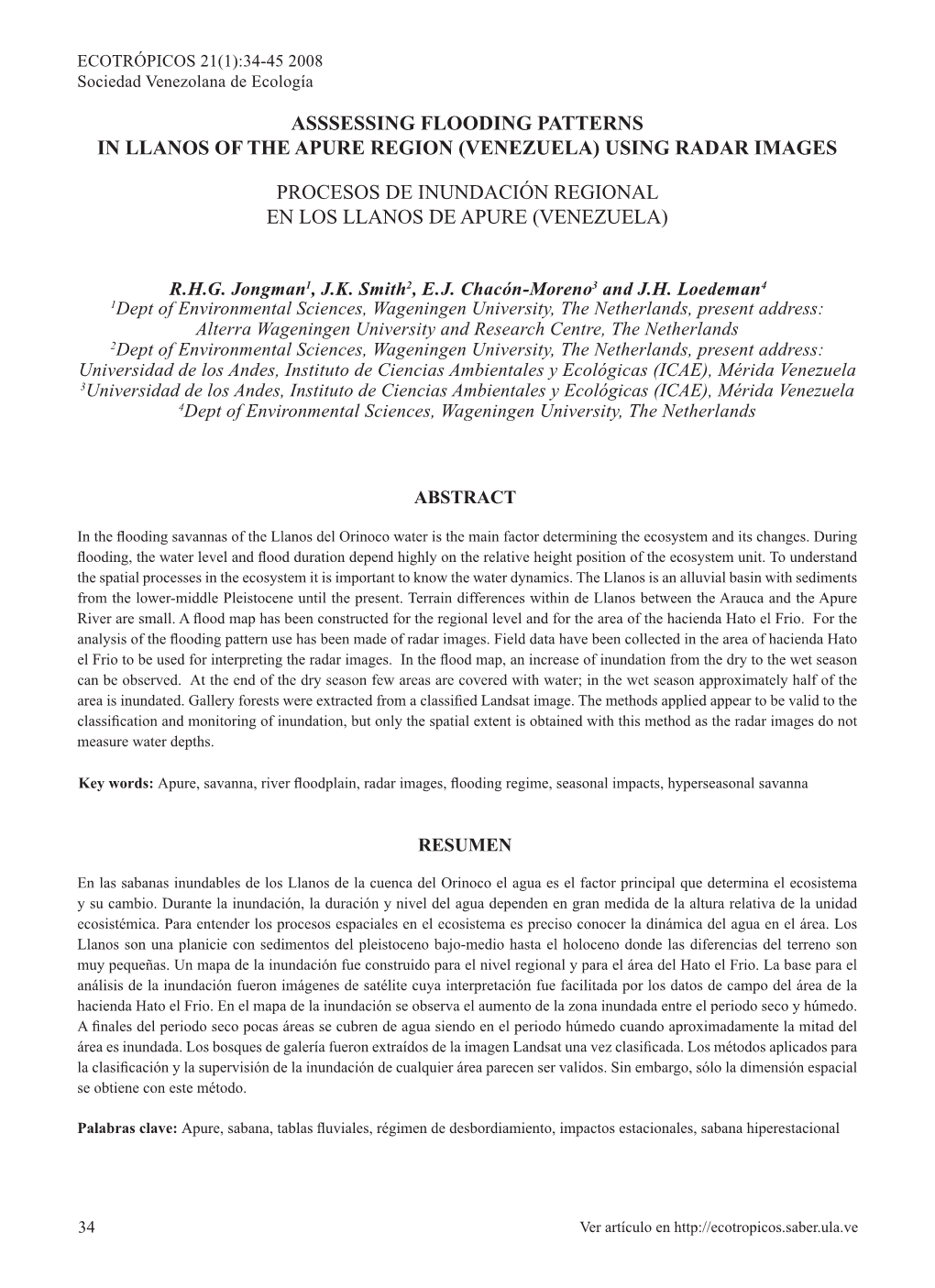 Asssessing Flooding Patterns in Llanos of the Apure Region (Venezuela) Using Radar Images