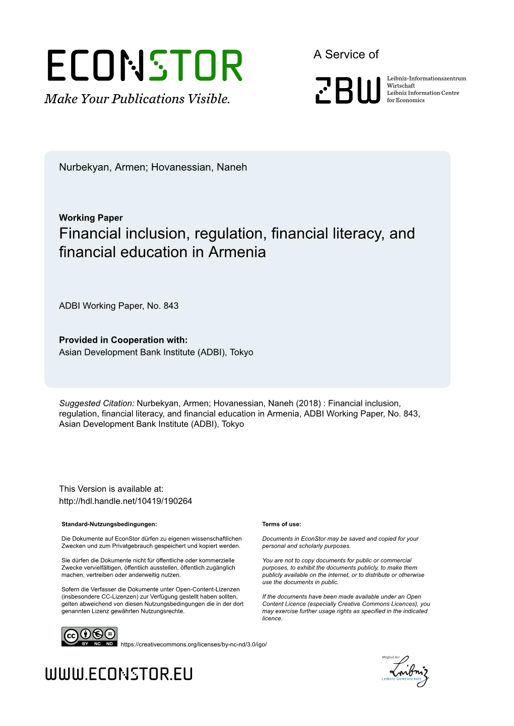 Financial Inclusion, Regulation, Financial Literacy, and Financial Education in Armenia