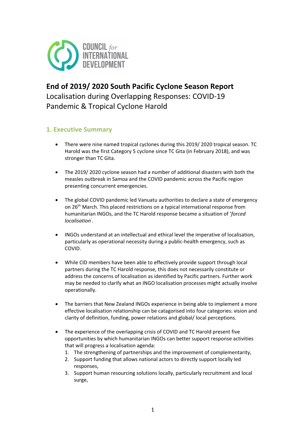 End of 2019/ 2020 South Pacific Cyclone Season Report Localisation During Overlapping Responses: COVID-19 Pandemic & Tropical Cyclone Harold