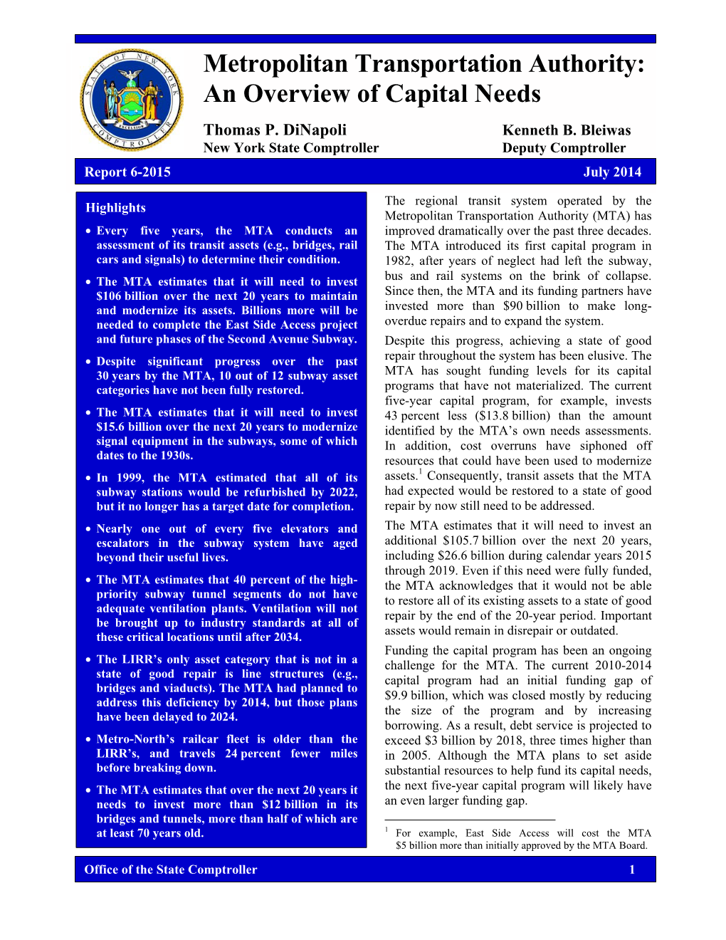 Metropolitan Transportation Authority: an Overview of Capital Needs