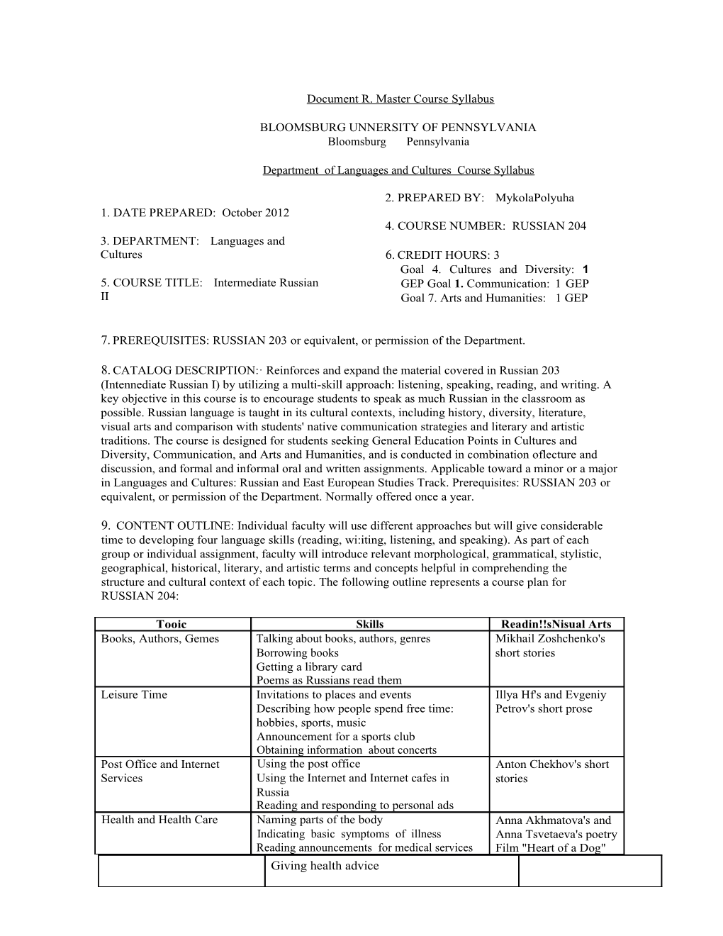 Document R. Master Course Syllabus