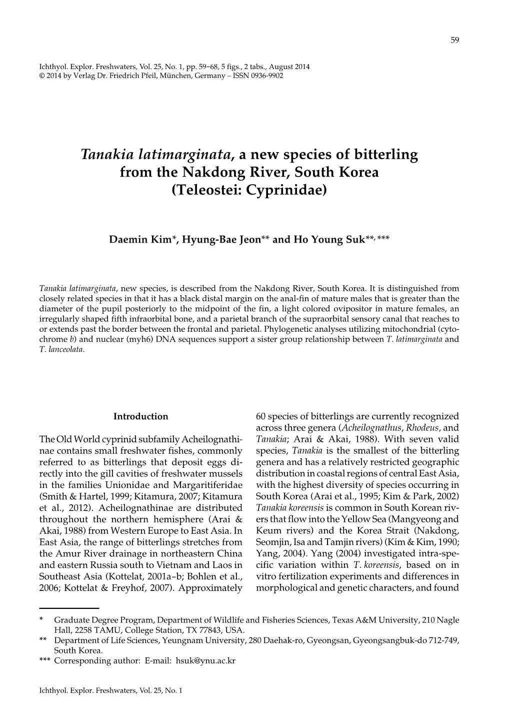 Tanakia Latimarginata, a New Species of Bitterling from the Nakdong River, South Korea (Teleostei: Cyprinidae)