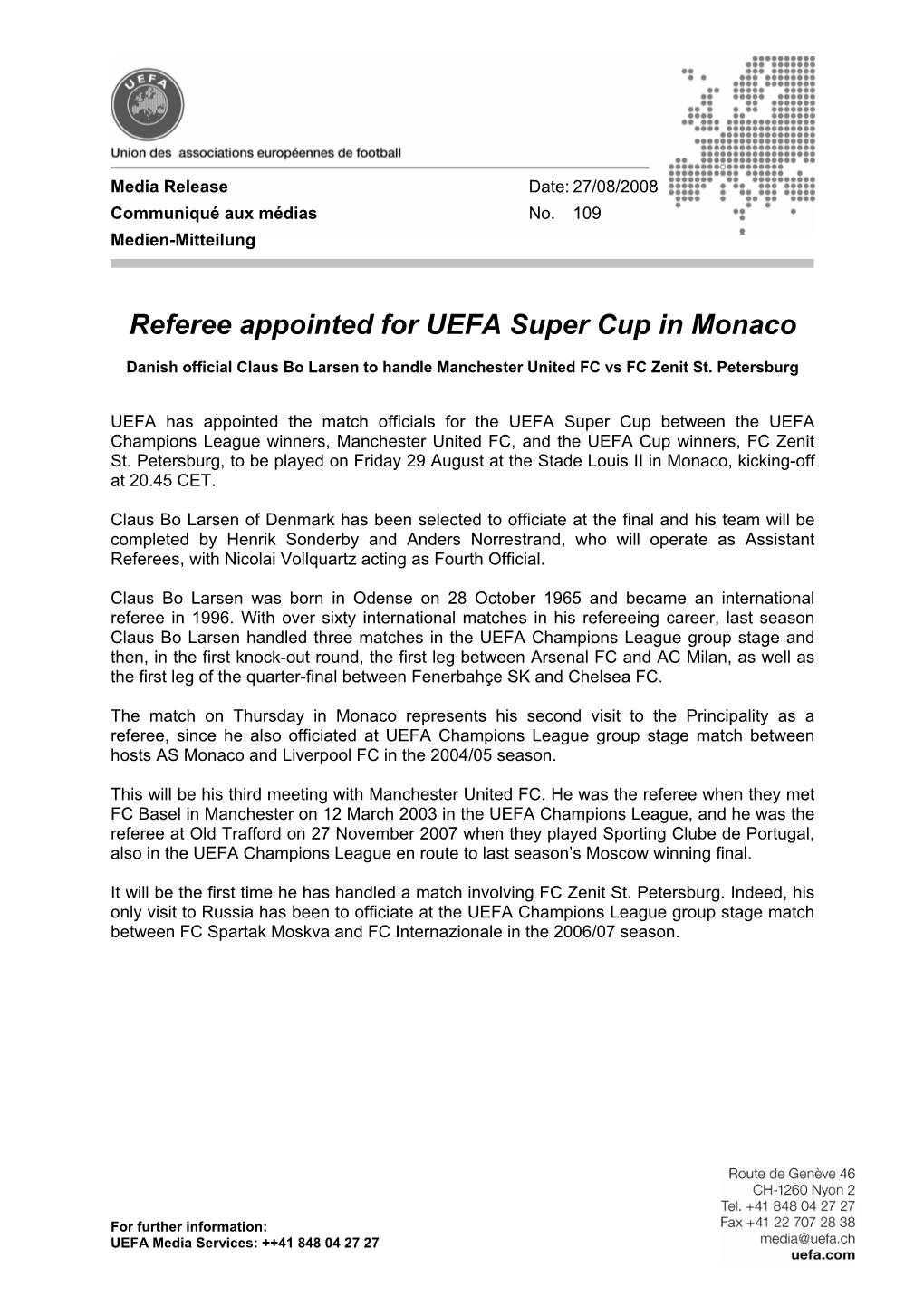 109: Referee Appointed for UEFA Super Cup in Monaco