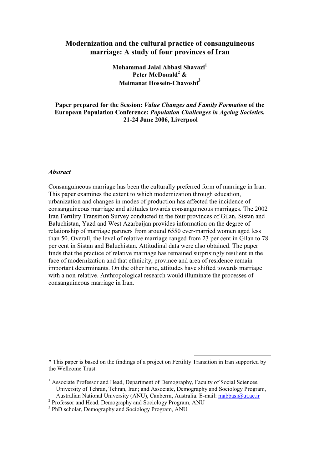 Modernization and the Cultural Practice of Consanguineous Marriage: a Study of Four Provinces of Iran