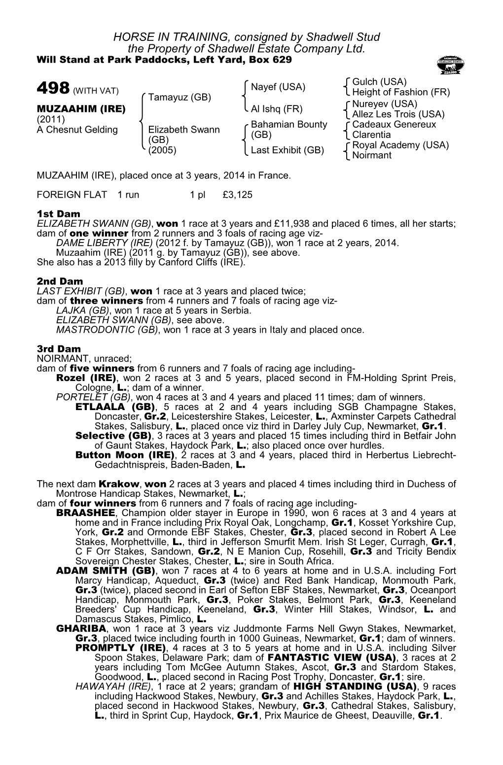 HORSE in TRAINING, Consigned by Shadwell Stud the Property of Shadwell Estate Company Ltd