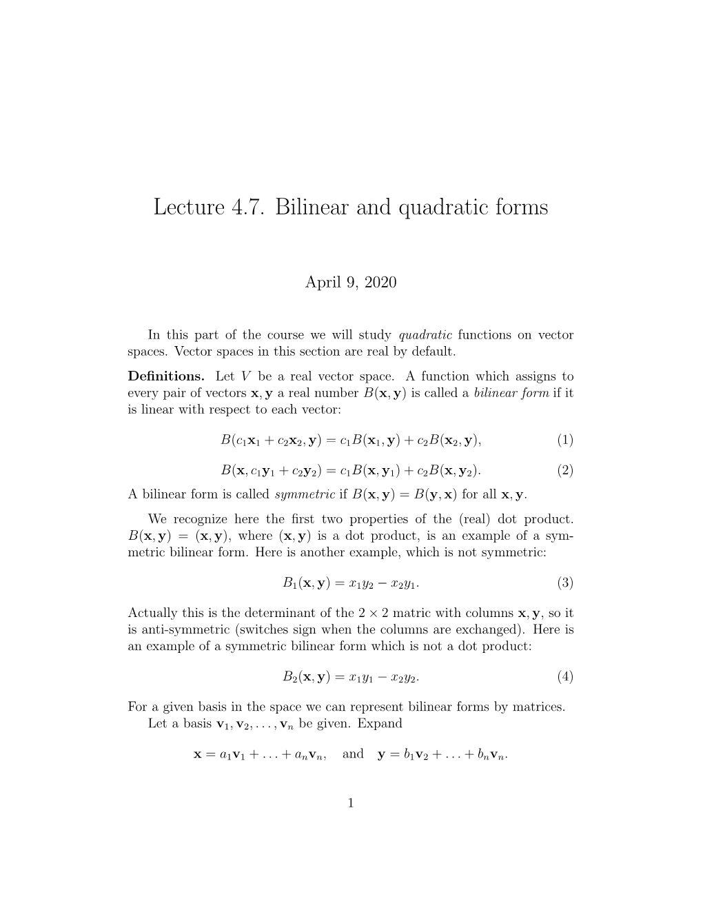 Lecture 4.7. Bilinear and Quadratic Forms