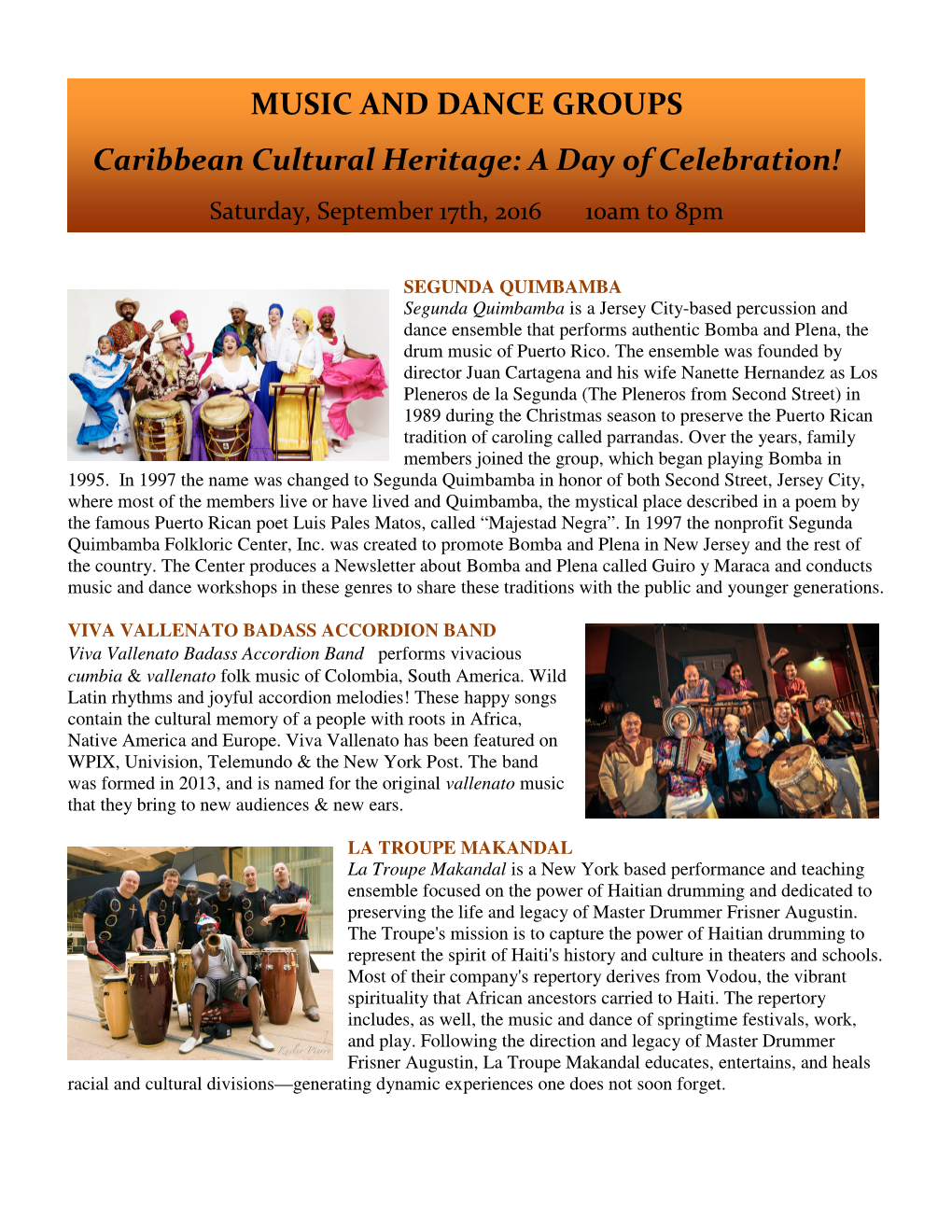 MUSIC and DANCE GROUPS Caribbean Cultural Heritage: a Day