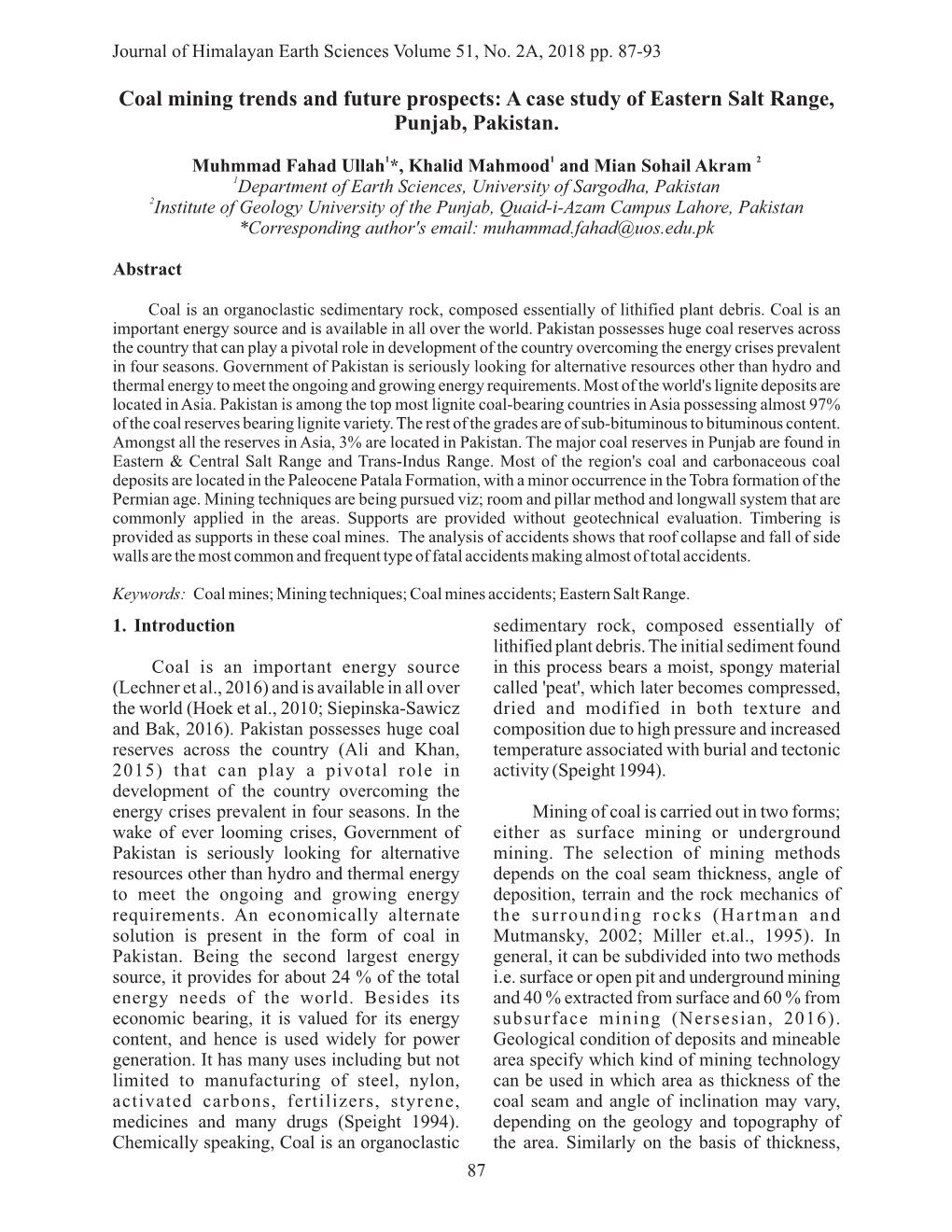 Coal Mining Trends and Future Prospects: a Case Study of Eastern Salt Range, Punjab, Pakistan