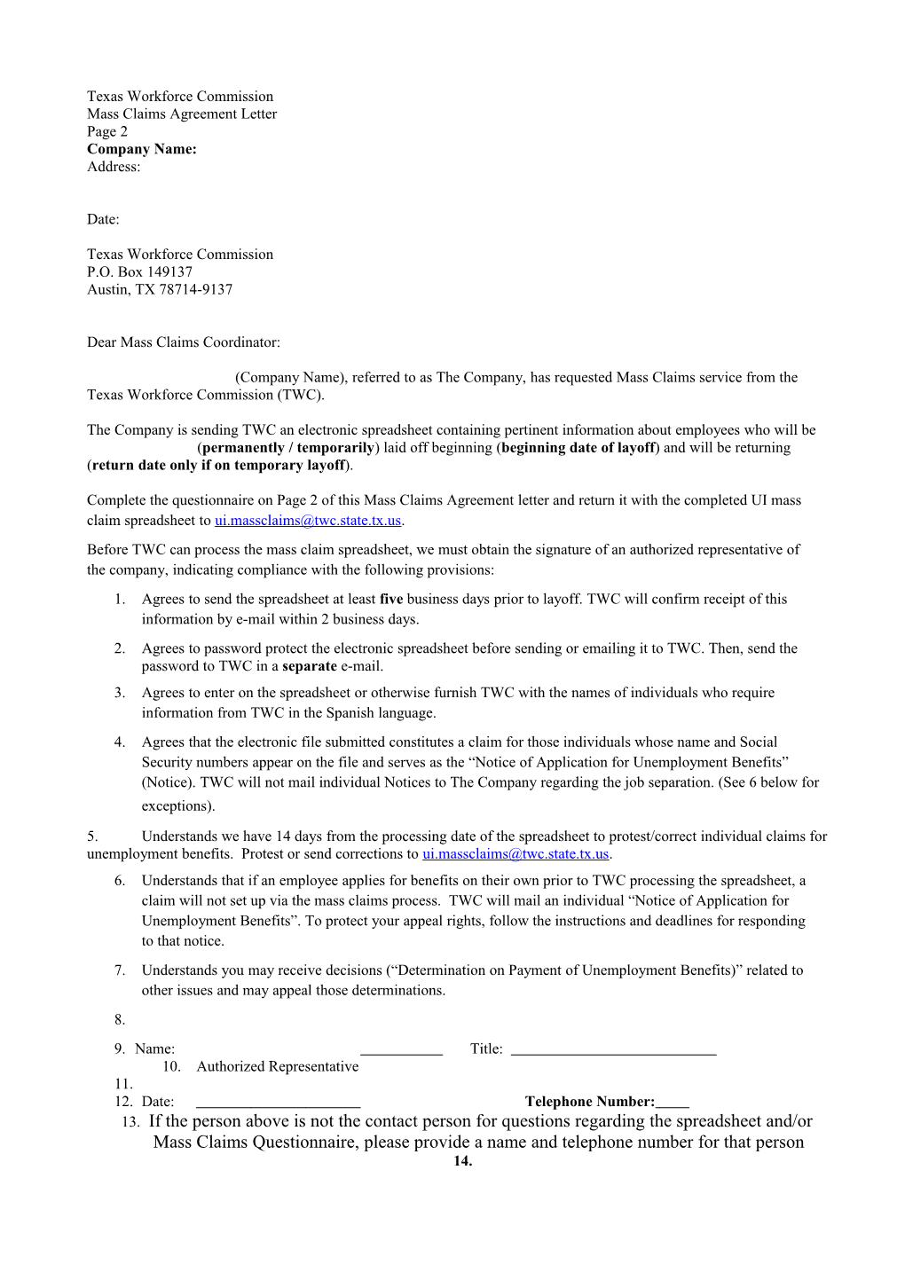 Mass Claims Agreement Letter