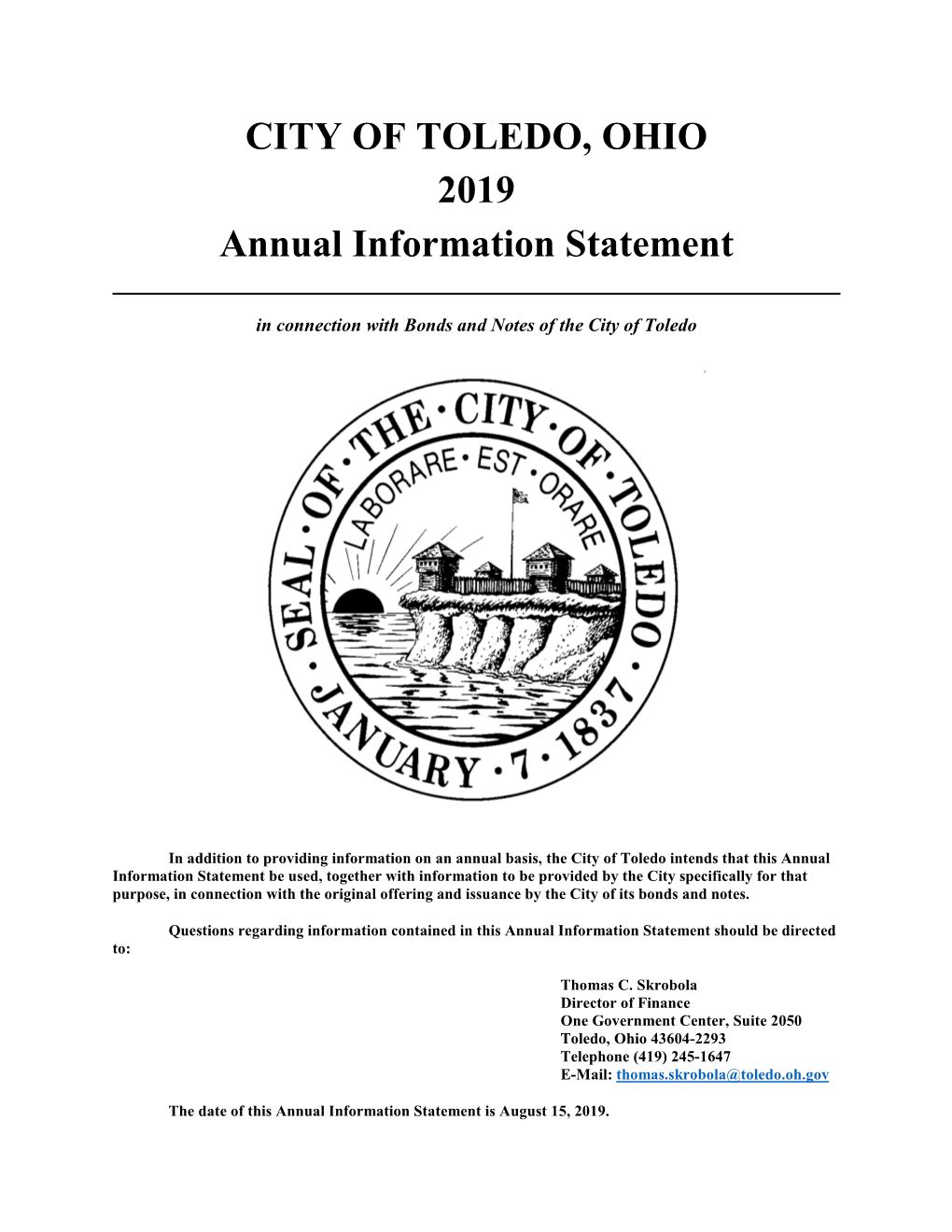 CITY of TOLEDO, OHIO 2019 Annual Information Statement