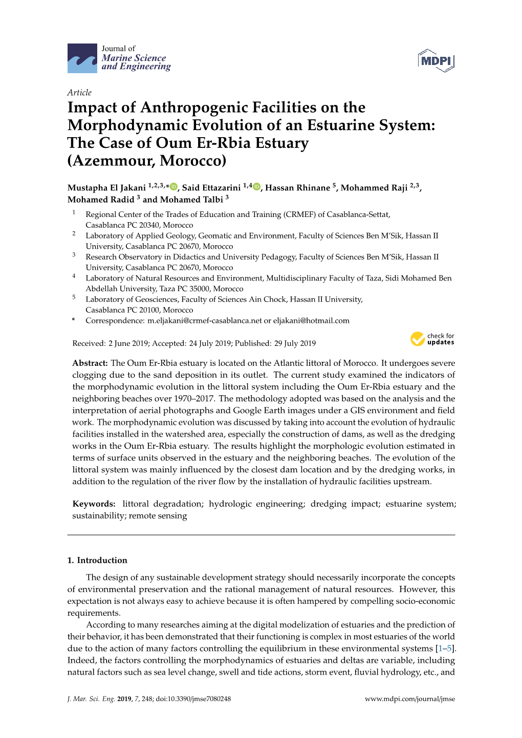 Impact of Anthropogenic Facilities on the Morphodynamic Evolution of an Estuarine System: the Case of Oum Er-Rbia Estuary (Azemmour, Morocco)