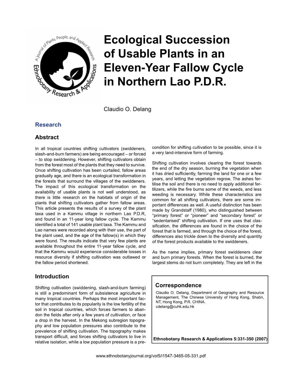 Ecological Succession of Usable Plants in an Eleven-Year Fallow Cycle in Northern Lao P.D.R