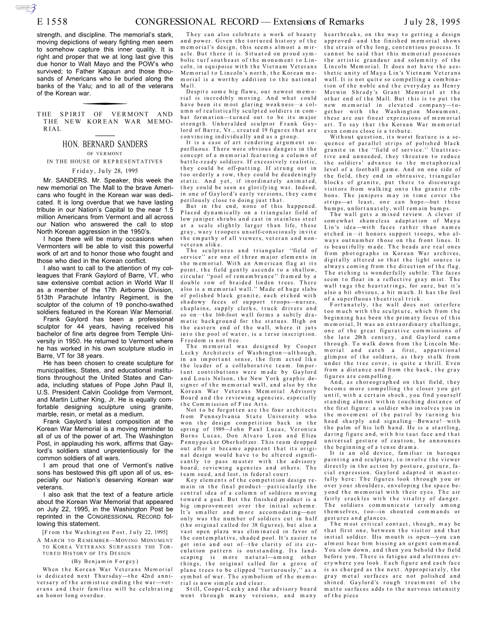 CONGRESSIONAL RECORD— Extensions of Remarks E 1558 HON. BERNARD SANDERS
