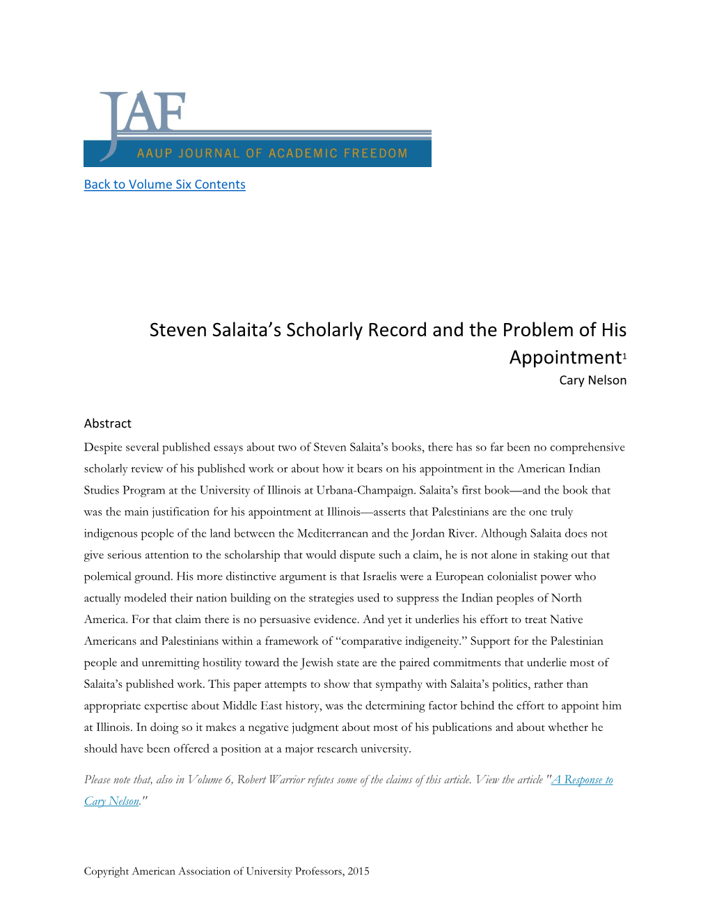 Steven Salaita's Scholarly Record and the Problem of His Appointment1