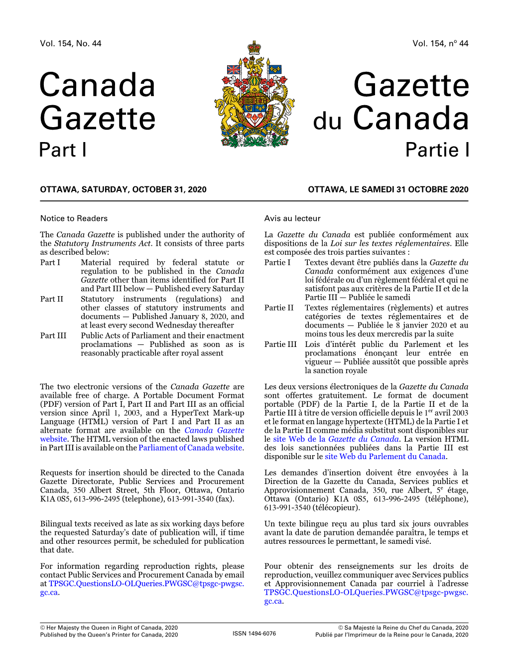 Gazette Du Canada, Partie I, Vol. 154, No. 44, Le 31 Octobre 2020