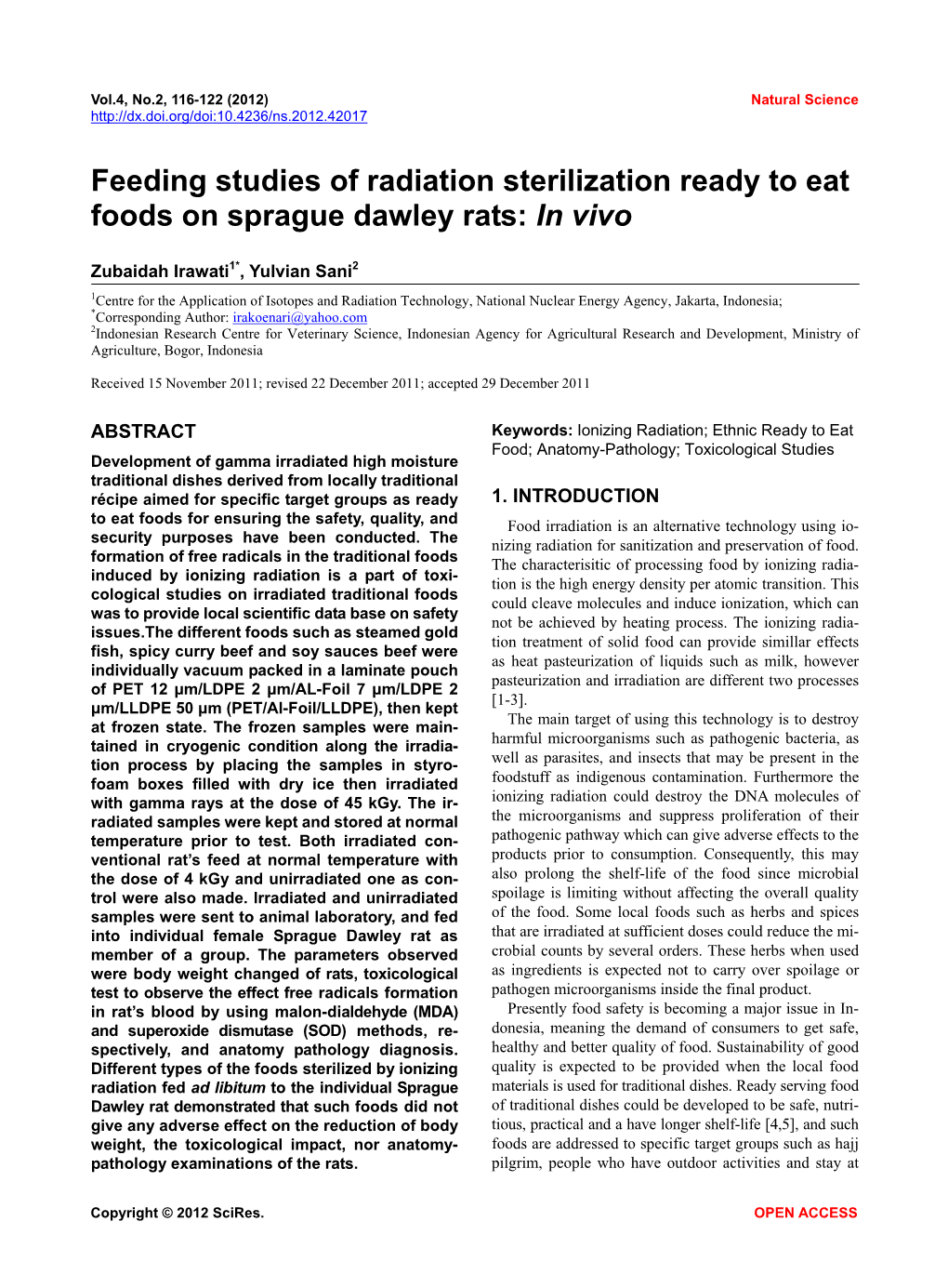 Feeding Studies of Radiation Sterilization Ready to Eat Foods on Sprague Dawley Rats: in Vivo
