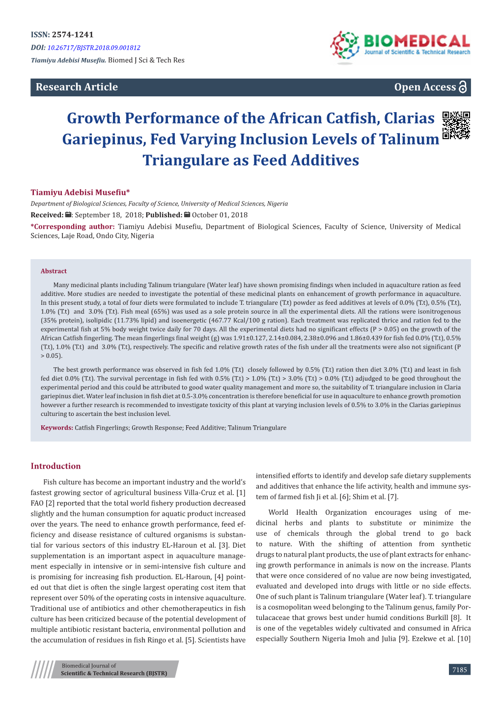 Growth Performance of the African Catfish, Clarias Gariepinus, Fed Varying Inclusion Levels of Talinum Triangulare As Feed Additives