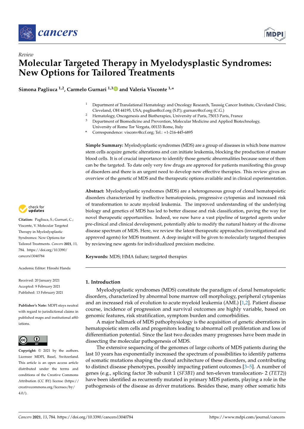 Molecular Targeted Therapy in Myelodysplastic Syndromes: New Options for Tailored Treatments