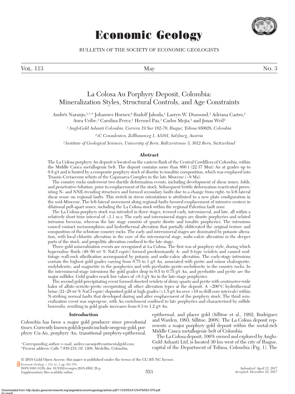 La Colosa Au Porphyry Deposit, Colombia: Mineralization Styles, Structural Controls, and Age Constraints