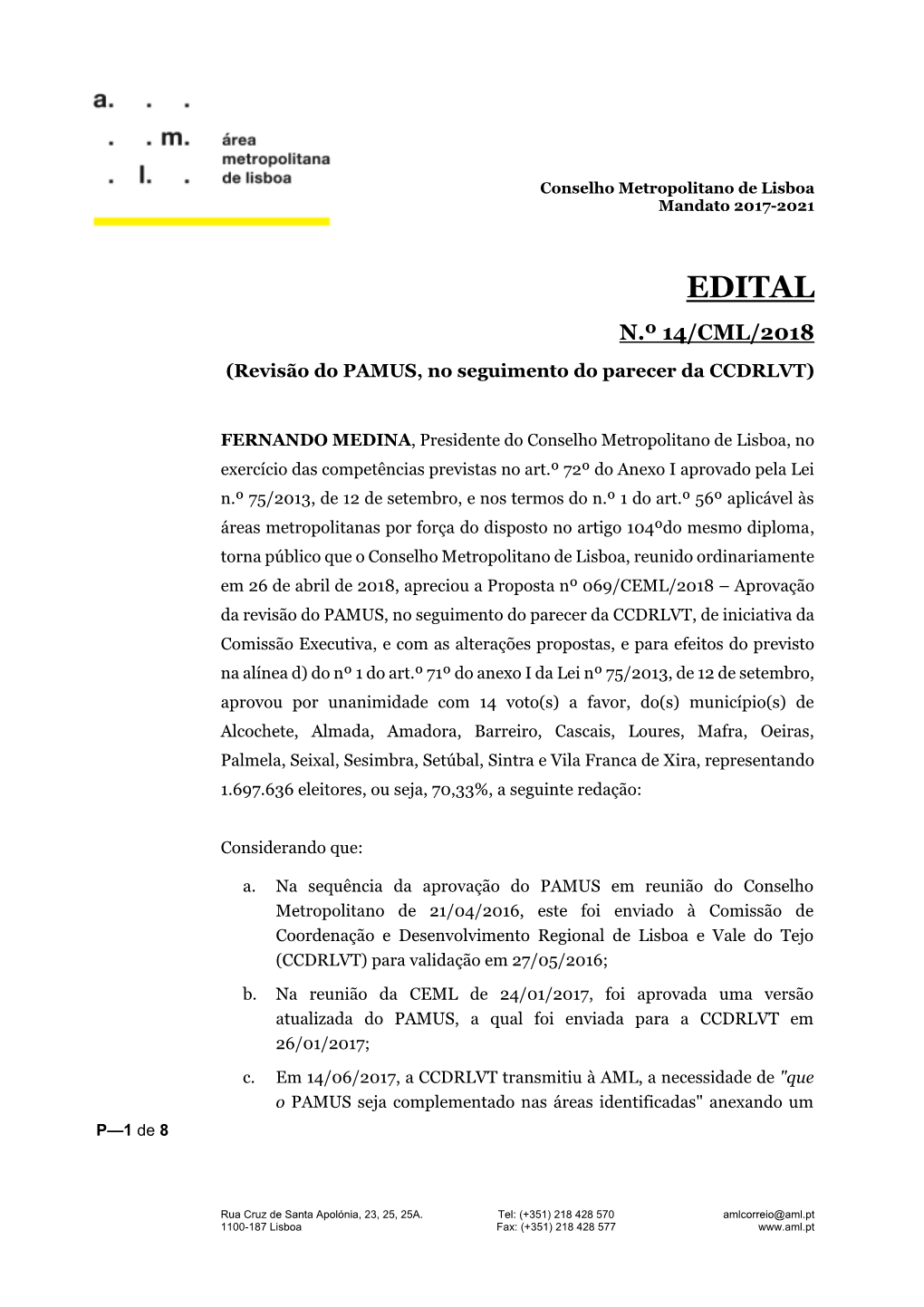 EDITAL N.º 14/CML/2018 (Revisão Do PAMUS, No Seguimento Do Parecer Da CCDRLVT)