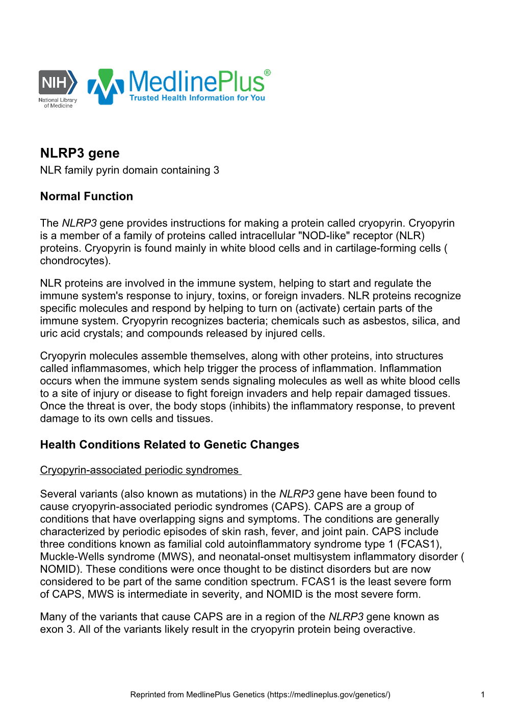 NLRP3 Gene NLR Family Pyrin Domain Containing 3