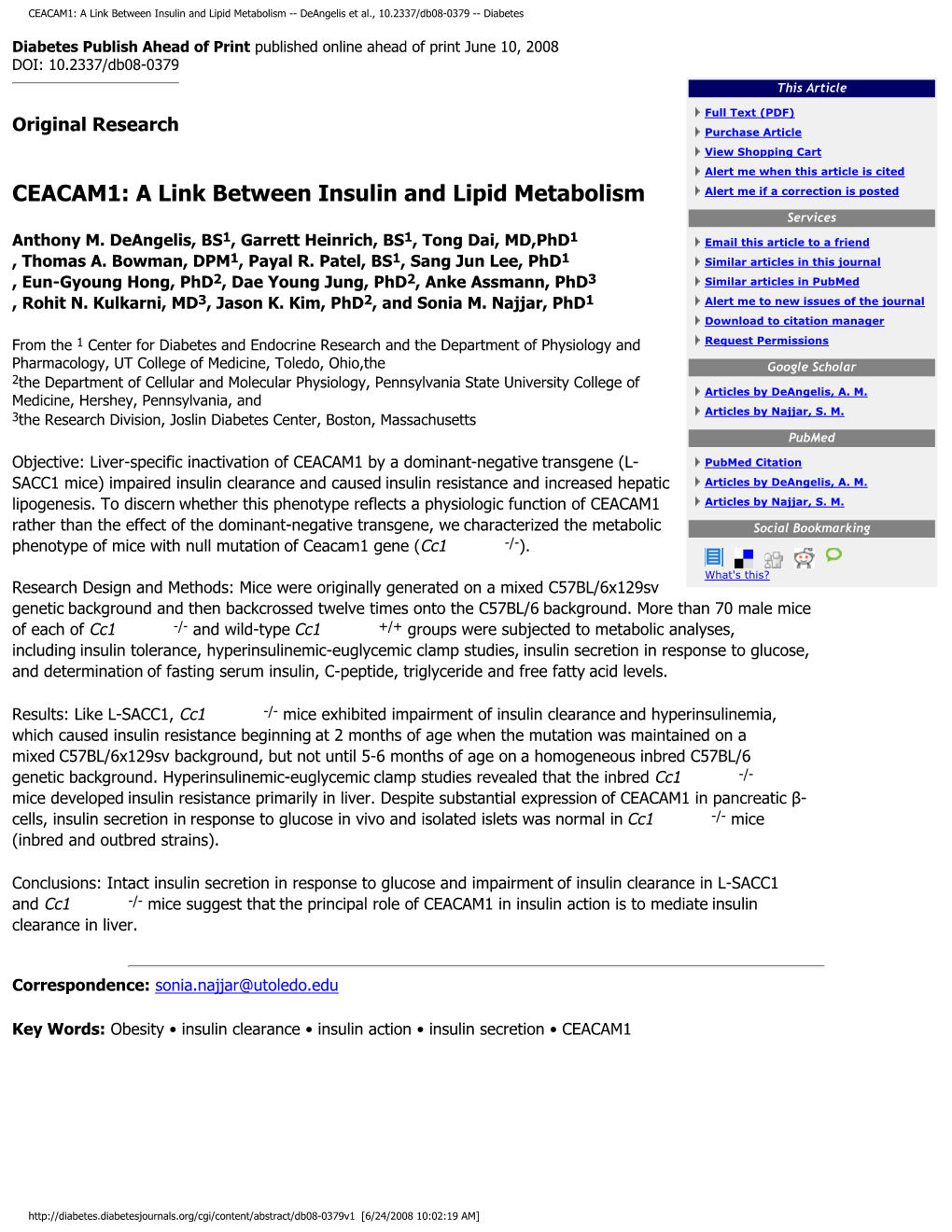 CEACAM1: a Link Between Insulin and Lipid Metabolism -- Deangelis Et Al., 10.2337/Db08-0379 -- Diabetes