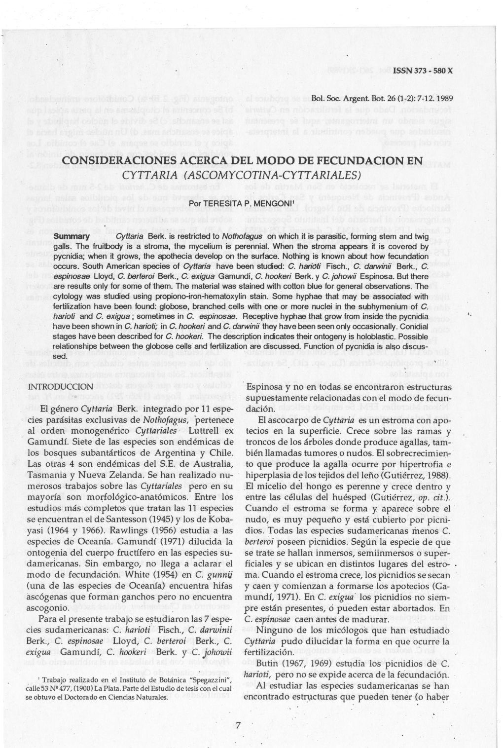 Consideraciones Acerca Del Modo De Fecundacion En Cyttaria (Ascomycotina-Cyttariales)