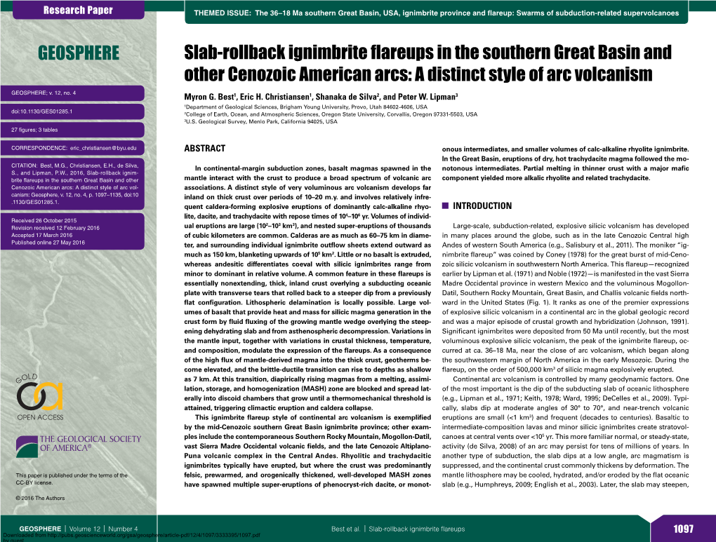 Slab-Rollback Ignimbrite Flareups in the Southern Great Basin and Other Cenozoic American Arcs: a Distinct Style of Arc Volcanism GEOSPHERE; V