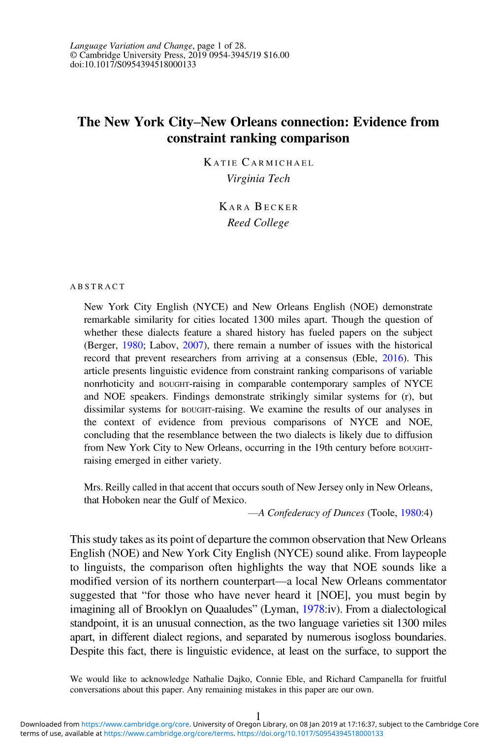 The New York City–New Orleans Connection: Evidence from Constraint Ranking Comparison