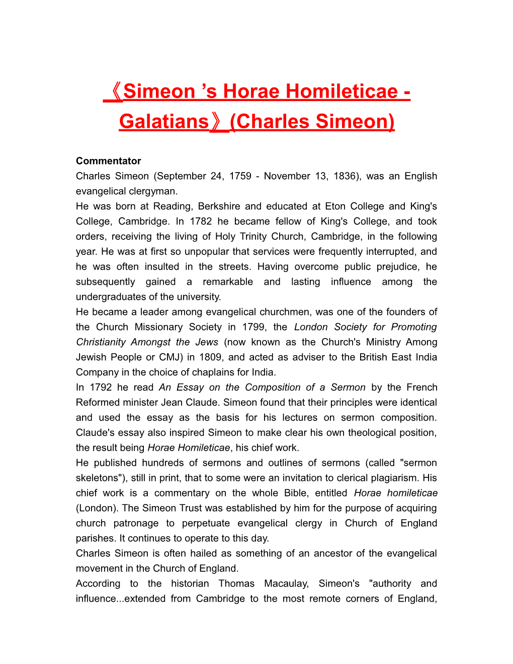 Simeon S Horae Homileticae - Galatians (Charles Simeon)