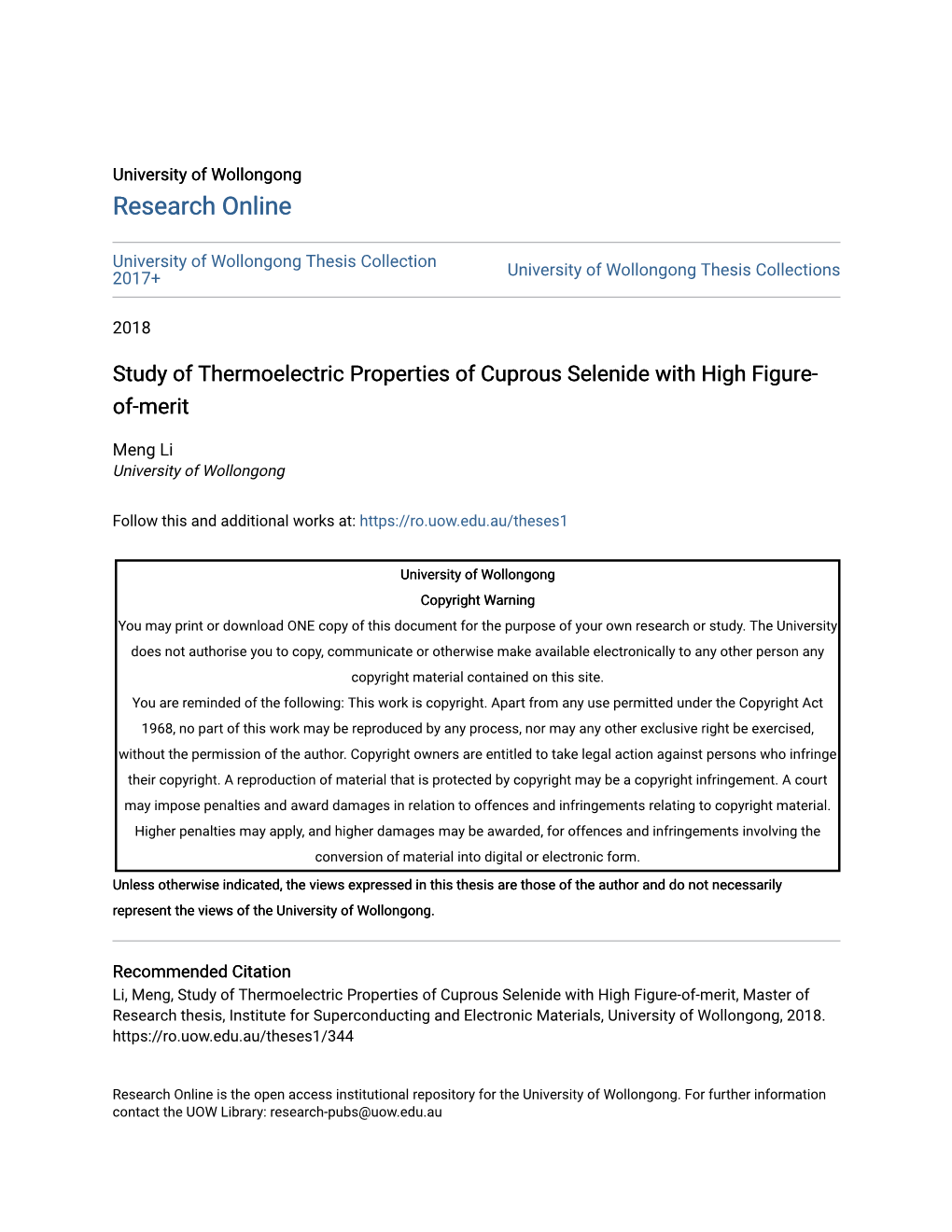 Study of Thermoelectric Properties of Cuprous Selenide with High Figure- Of-Merit