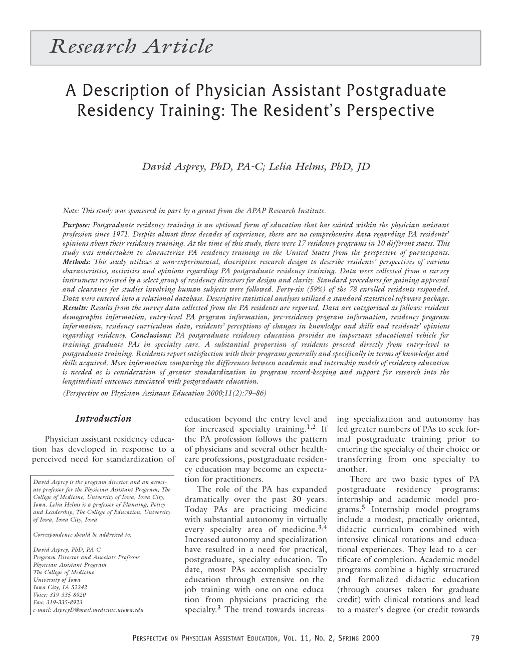 A Description of Physician Assistant Postgraduate Residency Training: the Resident’S Perspective