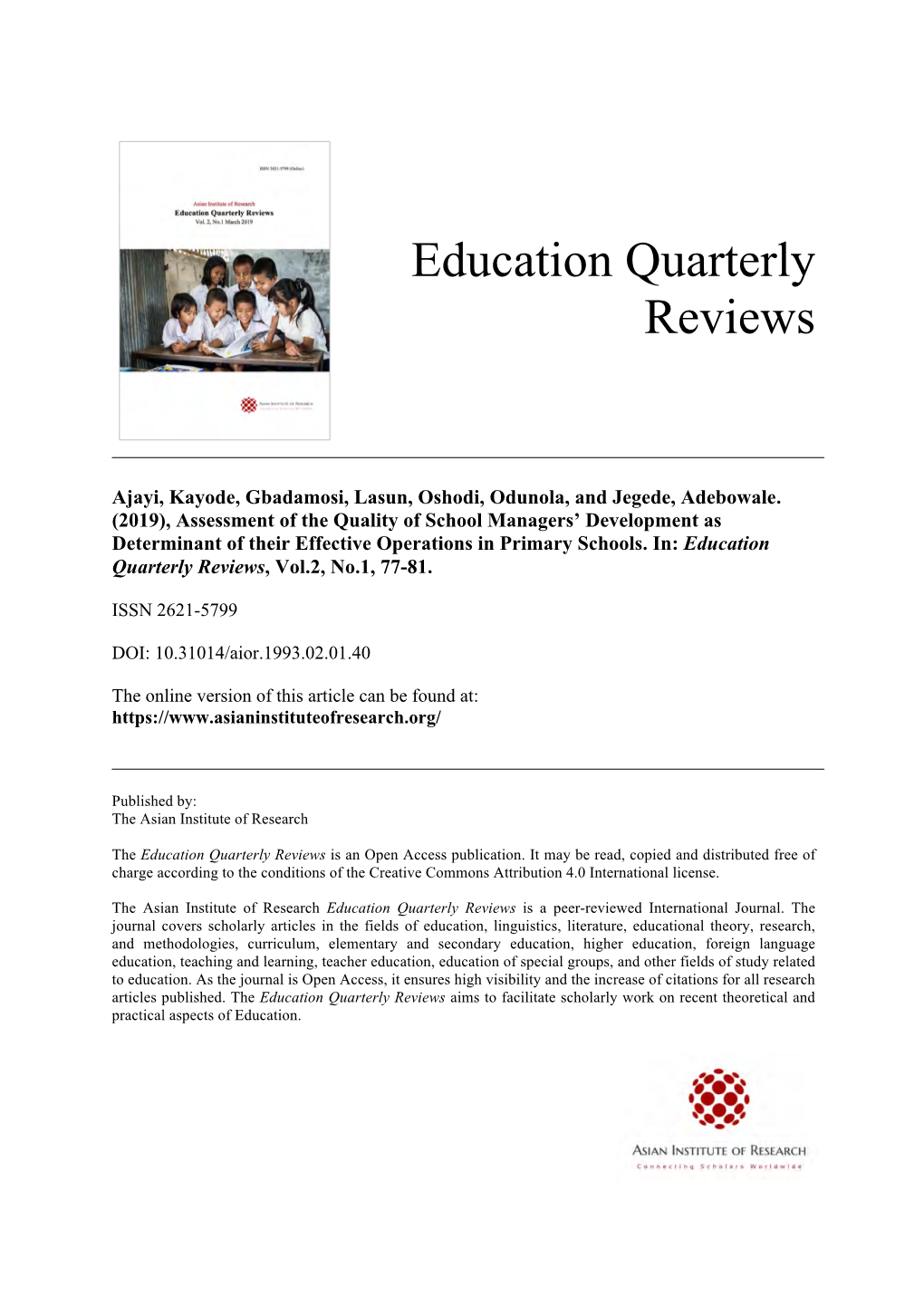 Education Quarterly Reviews