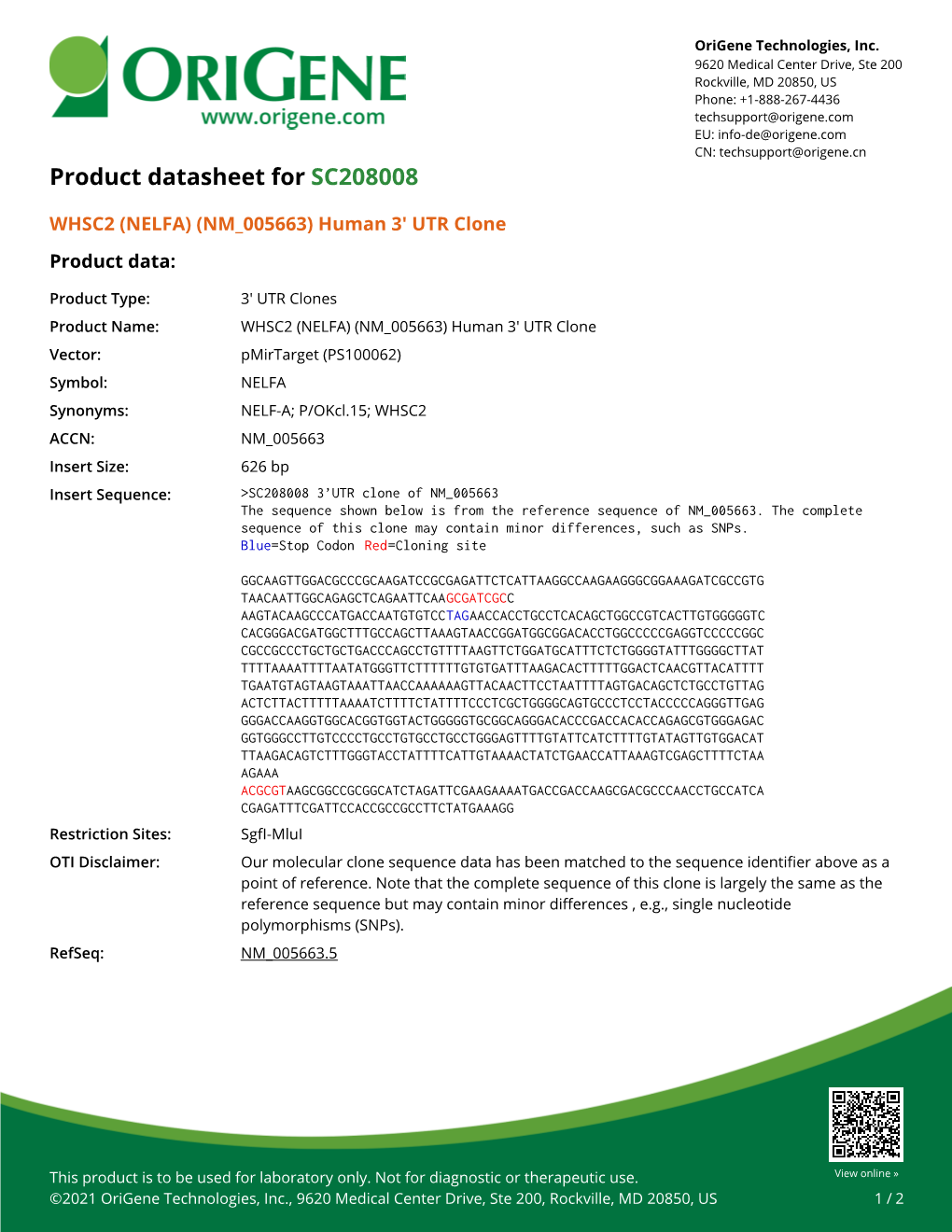 WHSC2 (NELFA) (NM 005663) Human 3' UTR Clone Product Data