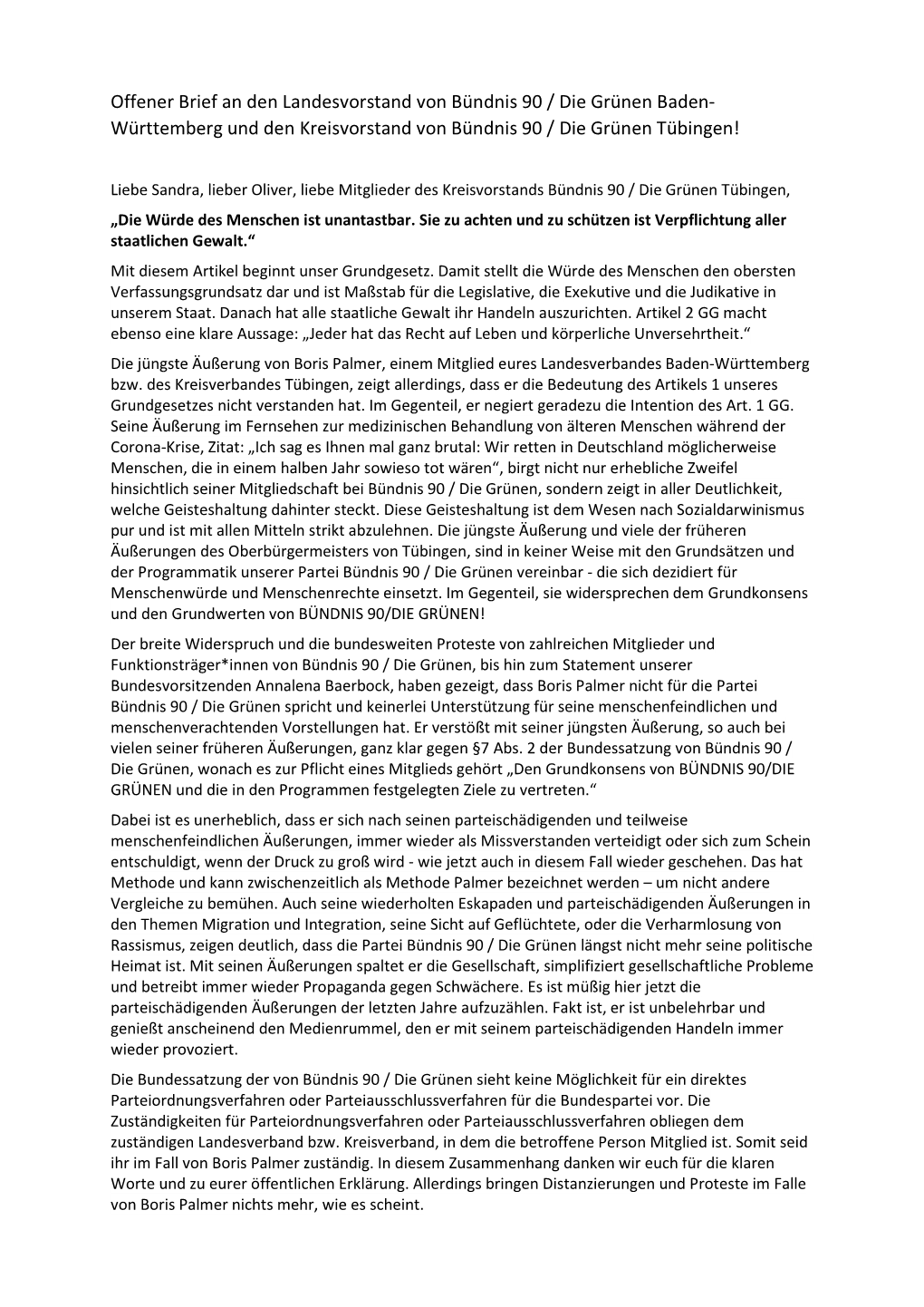 Offener Brief an Den Landesvorstand Von Bündnis 90 / Die Grünen Baden- Württemberg Und Den Kreisvorstand Von Bündnis 90 / Die Grünen Tübingen!