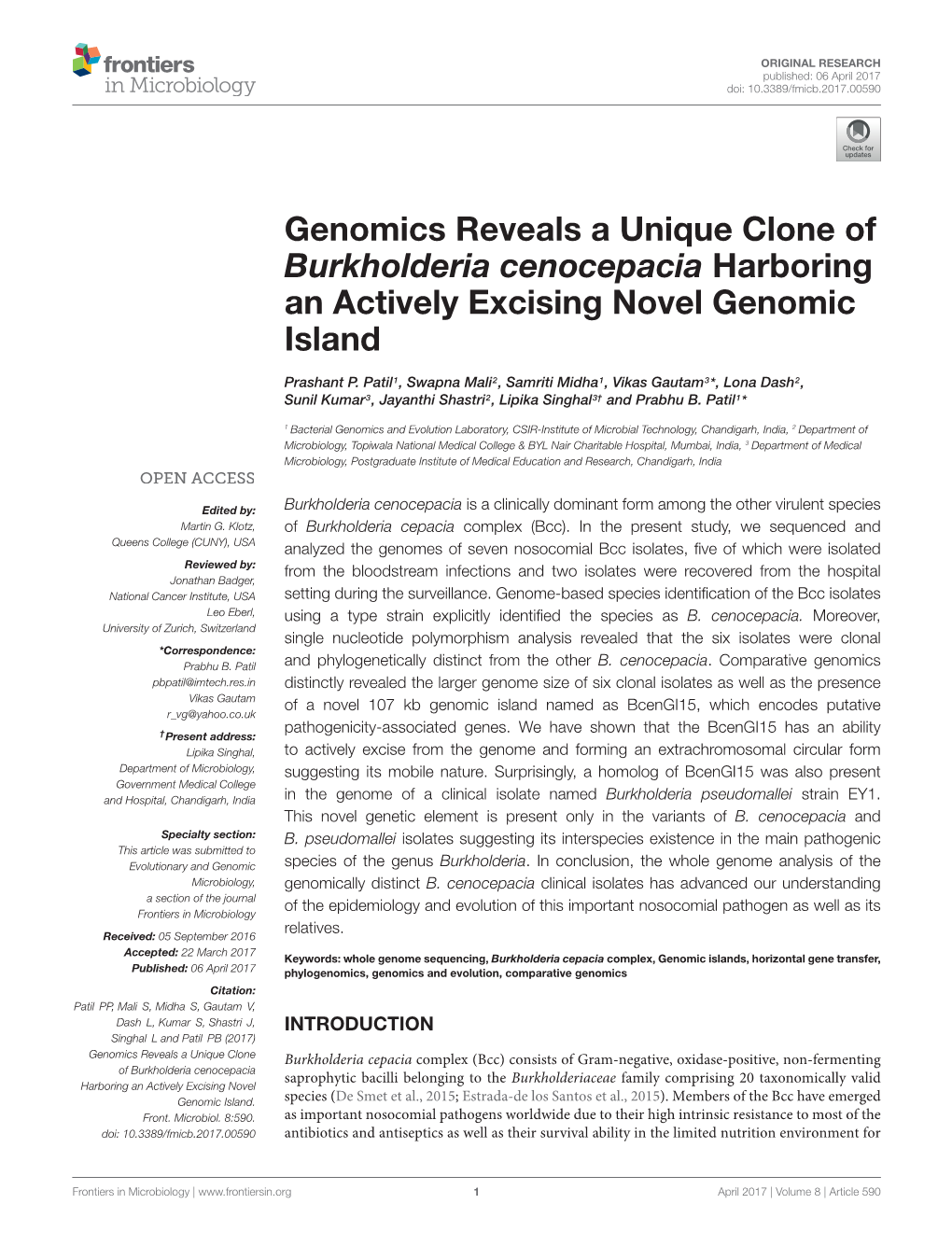 Genomics Reveals a Unique Clone of Burkholderia Cenocepacia Harboring an Actively Excising Novel Genomic Island