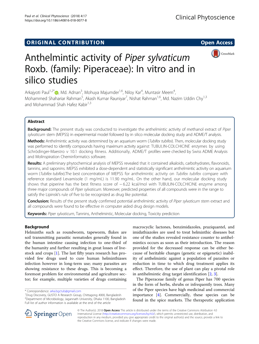 Anthelmintic Activity of Piper Sylvaticum Roxb. (Family: Piperaceae): in Vitro and in Silico Studies Arkajyoti Paul1,2* , Md