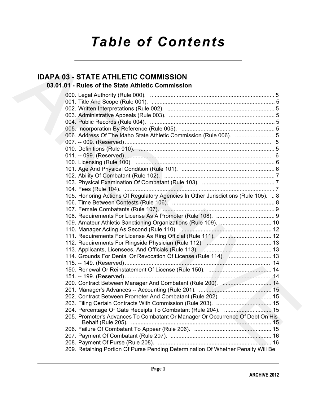 03.01.01, Rules Governing the Idaho State Athletic Commission
